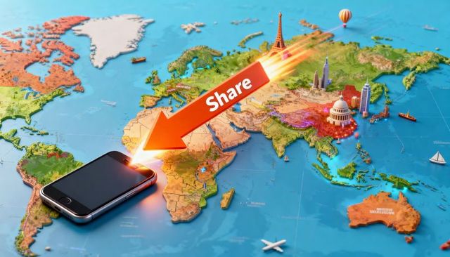 Mobile sharing arrow launching across world map with landmarks and global connectivity