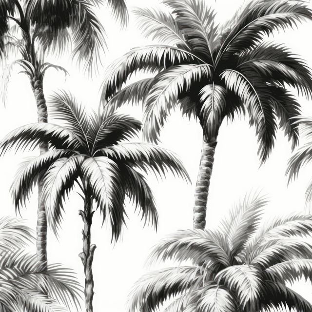 Elegant black and white palm tree illustration perfect for tropical-themed designs, wallpaper, home decor, or textile prints. Invokes serene, relaxing vacation vibes. Ideal for artistic projects with a sophisticated touch.
