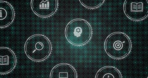 Pulsing teal circular interface showing search, data, target glyphs for tech dashboard