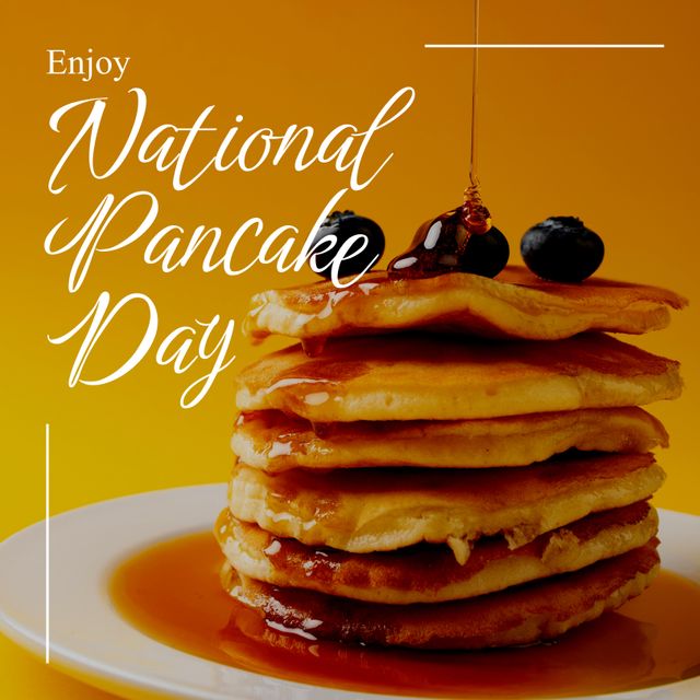 National Pancake Day Celebration with Syrup and Blueberry Topped Stack - Download Free Stock Templates Pikwizard.com