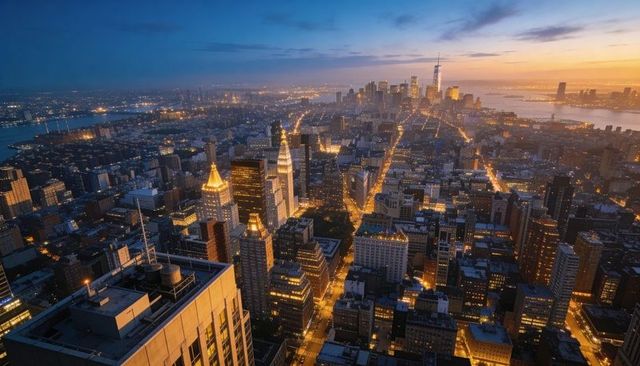 Aerial view manhattan skyline at dusk with glowing street grid and spire-topped towers