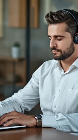 Man answering client call while typing on laptop wearing headset vertical business video