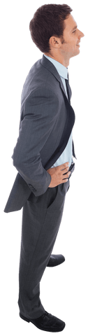 Transparent Cheerful Businessman in Profile View Standing with Hands on Hips