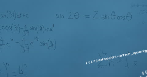 Animation of Complex Mathematical Equations on Blue Background