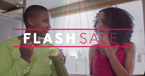 Active Friends Enjoying Green Smoothies Amidst Flash Sale