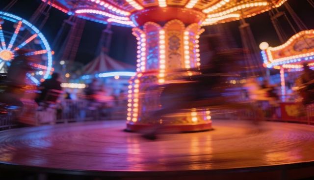 Spinning vintage swing carousel glowing with neon lights and motion blur at night fair