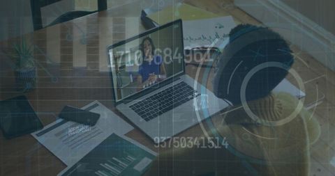 Remote work with virtual meeting, home office setup