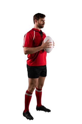Caucasian male rugby player with ball on transparent