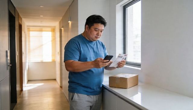 Asian man scanning delivery label with smartphone at hallway counter in casual loungewear