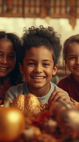 Three Siblings Smiling Around Autumn Table Touching Gourds | Vertical Family Celebration