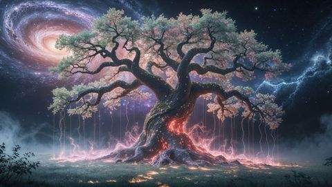 Glowing ancient dreaming tree with galaxy and blossoms