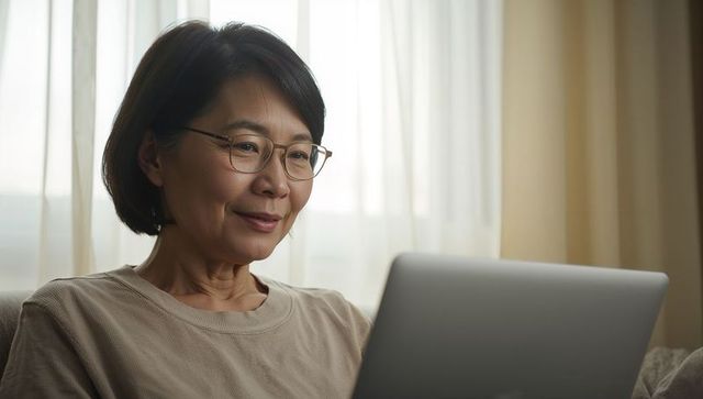 Middle-aged asian woman working on laptop on sofa wearing glasses in calm daylight interior