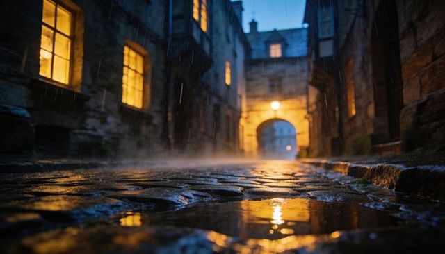Rain-soaked cobblestone alley reflecting warm lamp light toward stone archway at dusk