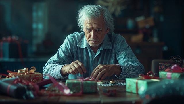 Elderly man wrapping festive gifts with care at home craft table