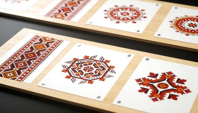 Displaying geometric embroidery swatches mounted on wood panels with octagonal rosette motifs