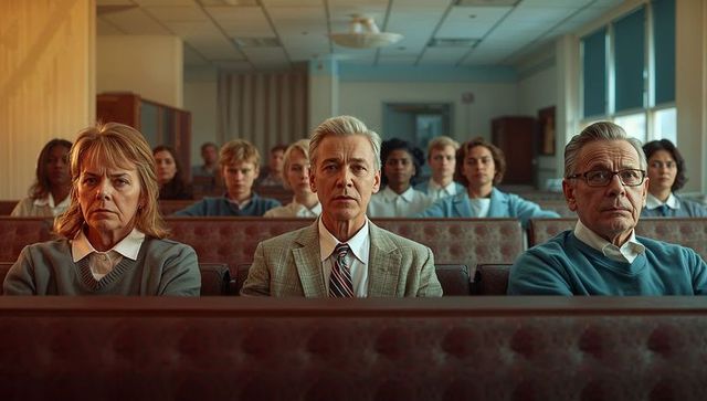 Formal attire jurors sitting in courtroom jury box listening