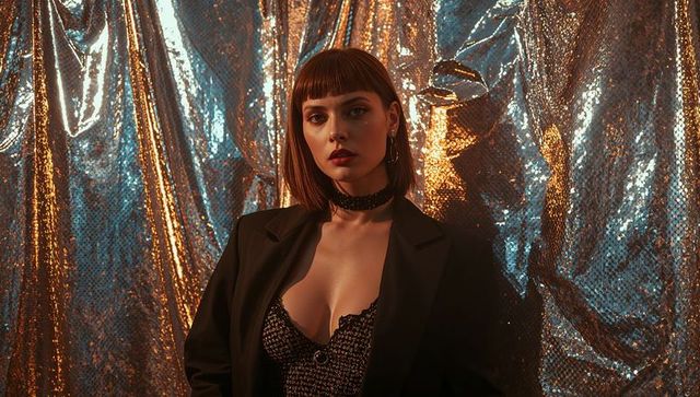 Elegant Female Model in Blazer with Sequins and Jewelry, Standing Studio Pose