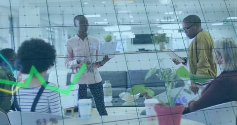 Modern business meeting with financial data overlay