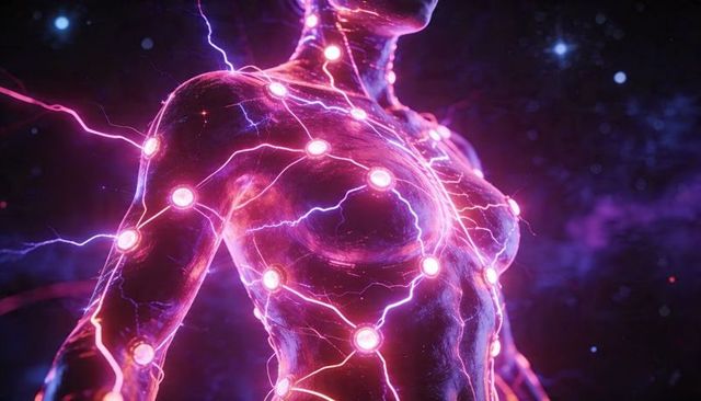 Glowing female torso pulsing with neon energy filaments and biomechanical nodes in nebula