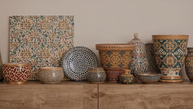 Displaying hand-painted moroccan-style ceramic pots and bowls on wooden cabinet with tile panel
