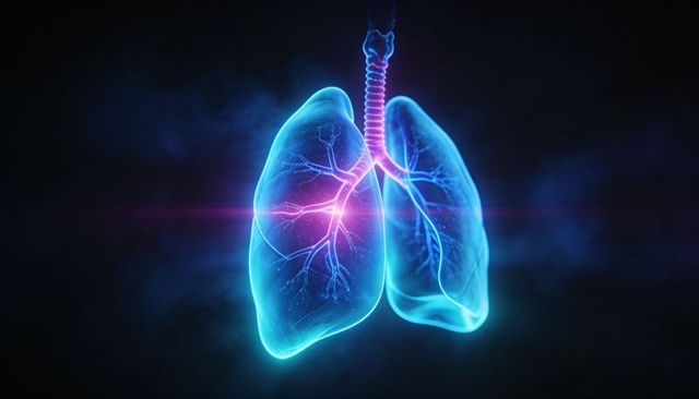 Futuristic neon lungs with glowing bronchi and radiant pink airway core