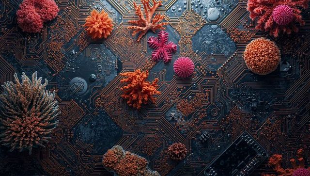 Biomorphic coral colonies growing on circuit board macro backdrop for tech ecology concept