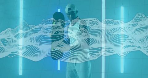 Futuristic Urban Skateboarder in Neon Lit Studio