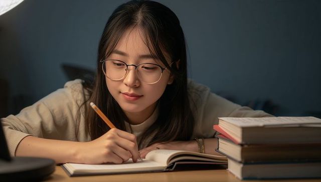 Young woman studying late at desk wearing glasses with notebook and stacked books