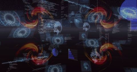 Futuristic holographic data dashboard swirling vortex interfaces in neon cyberspace void