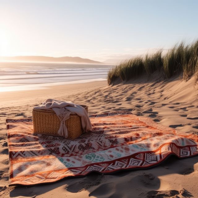 Towel with colourful pattern and picnic basket on beach, created using generative ai technology. Seaside landscape, vacation, leisure, summer and nature concept digitally generated image.