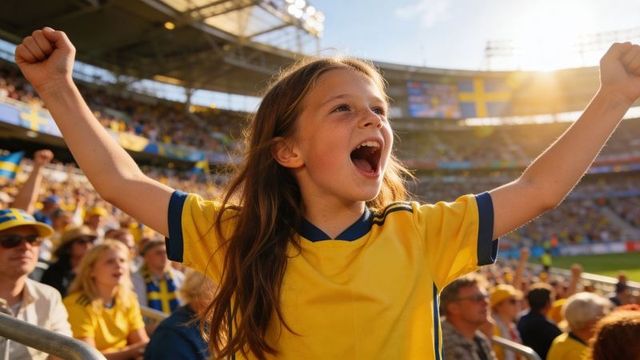 Young girl cheering in sweden soccer stadium wearing yellow jersey raising arms sunlight
