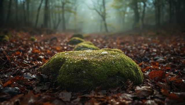 Moss-Covered Stones in Misty Deciduous Forest Landscape