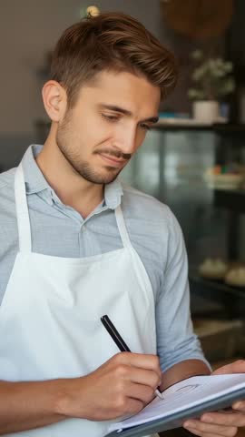 Barista Jotting Pastry Details at Counter in Rustic Cafe Vertical Video