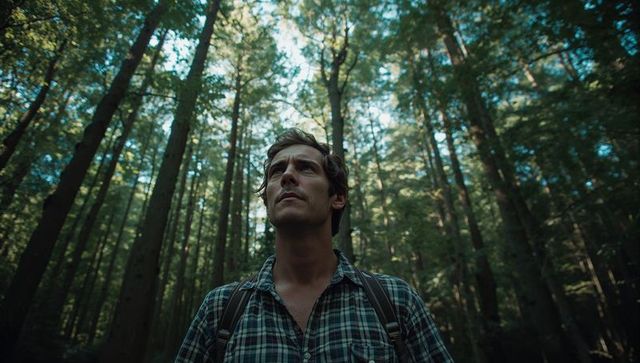 Man standing gazing upward beneath sunlit conifer canopy wearing plaid shirt and backpack