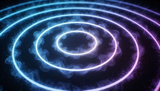 Glowing Concentric Neon Rings Emitting Cyan Magenta Vapor and Particles on Dark Surface