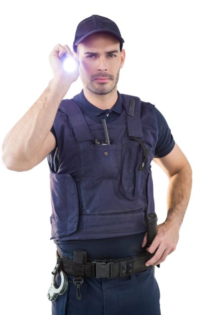Security officer in uniform holding a flashlight, standing against a white background. Ideal for use in articles or advertisements related to security services, law enforcement, safety protocols, and professional security training.
