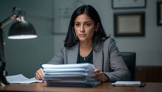 Focused businesswoman reviewing stacked documents at desk while wearing headset and blazer
