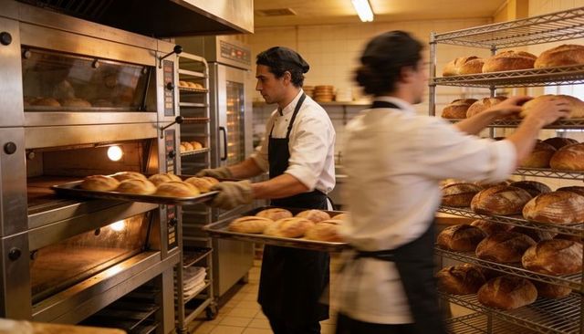 Artisan bakers removing freshly baked sourdough loaves from commercial oven in busy bakery