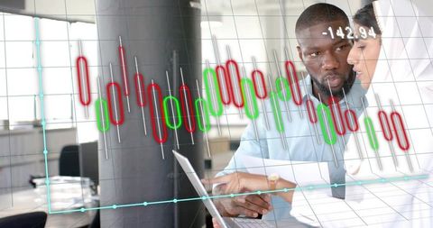 Diverse Business Team Analyzing Financial Data Stock Chart Overlay