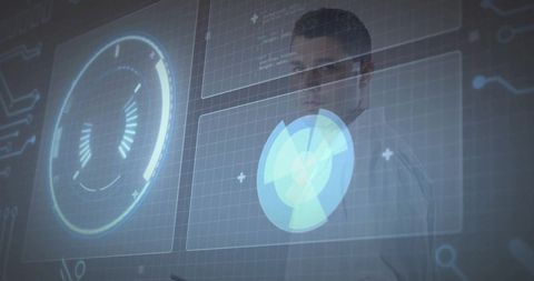 Scientist interacting with holographic hud and data visualizations in futuristic lab