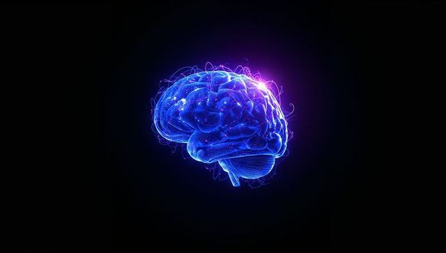 Glowing digital brain model showing neural filaments, synaptic sparks and circuitry