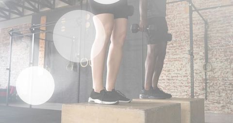 Partners performing plyo box step-ups holding dumbbells on wooden platforms in industrial gym
