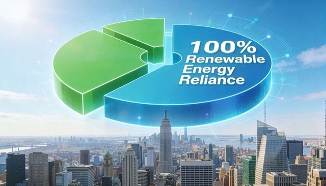 Floating blue-green 3d pie chart declaring 100% renewable energy over city skyline