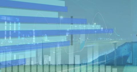 Data visualizations transparent over industrial port scene