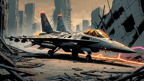 Futuristic f16 fighter jet in dystopian cityscape