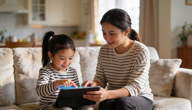Mother and daughter sharing tablet on cozy sofa, smiling, digital learning and bonding