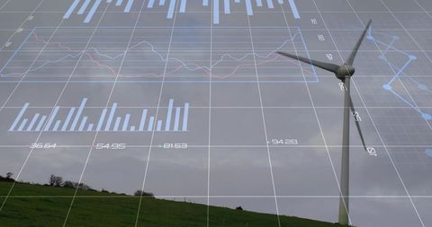 Wind Turbine with Data Analysis Overlay on Rural Hillside