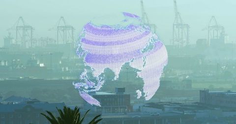 Projecting holographic globe over industrial port highlighting asia-pacific trade network