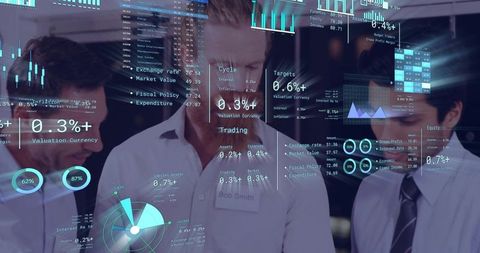 Diverse professionals reacting to market alert and analyzing holographic trading dashboard