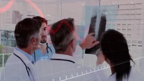 Medical Team Analyzing X-ray with Data Overlay for Diagnosing Conditions